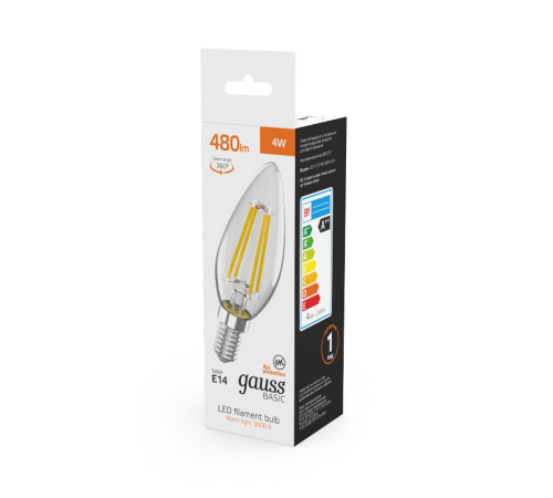 Лампа светодиодная   Basic Filament Свеча 4W 480lm 3000K E14 LED 1/10/50  50312142  Gauss