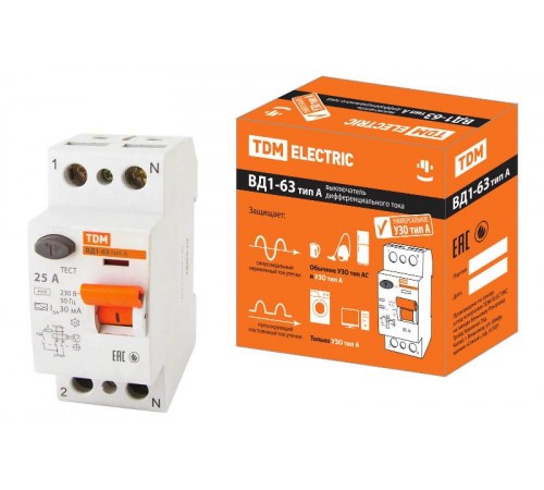 Выключатель дифференциальный (УЗО) ВД1-63 2п 25А 30мА тип A  SQ0203-0076  TDM