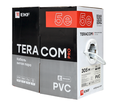 Кабель витая пара TERACOM PRO Cat.5E F/UTP 4 пары solid 24AWG цвет серый упак. 305м  TRP-5EFTP-04PVC-GY-IN3  EKF