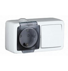 Блок открытой установки, брызгозащищенный, розетка с заземляющим контактом и шторками+одноклавишный выключатель, цвет белый  БА 16-221  HEGEL
