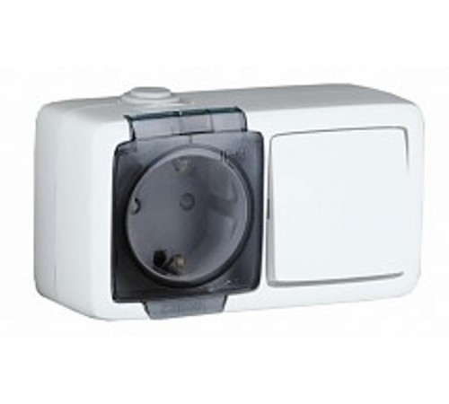 Блок открытой установки, брызгозащищенный, розетка с заземляющим контактом + одноклавишный выключатель, цвет белый  БА 16-211  HEGEL