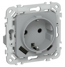 FLITE Розетка с заземлением со шторками 16А с USB A+C 20Вт РСЮшс11-0-ФлС серый  FI-R14-16-U22-020-K03  IEK