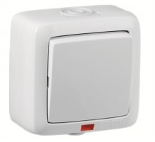 Выключатель открытой установки, одноклавишный, с индикацией, брызгозащищенный, цвет белый  ВА16-212  HEGEL