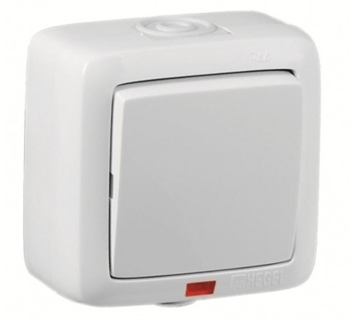 Выключатель открытой установки, одноклавишный, с индикацией, брызгозащищенный, цвет белый  ВА16-212  HEGEL