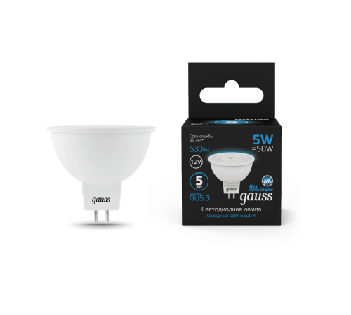 Лампа светодиодная MR16 12V 5W 530lm 6500K GU5.3 LED 1/10/100  201505305  Gauss