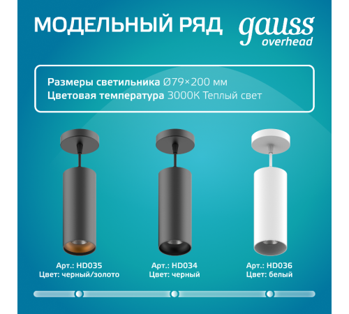 Светильник светодиодный накладной/подвесной HD035 12W (черный/золото) 4100K 79*200мм 1/10  HD035  Gauss
