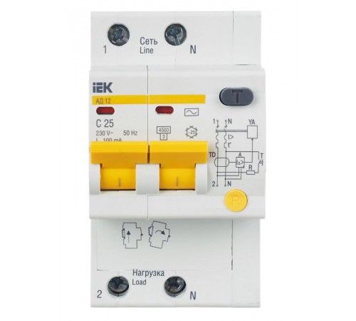 Выключатель автоматический дифференциального тока АД12 2п 25А C 100мА тип AC (3 мод)  MAD10-2-025-C-100  IEK