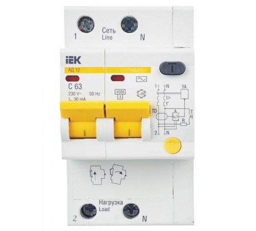 Выключатель автоматический дифференциального тока АД12 2п 63А C 30мА тип AC (3 мод)  MAD10-2-063-C-030  IEK