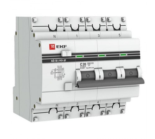 Дифференциальный автомат АД-32 3P+N 20А/100мА (тип АC) 4,5кА  PROxima DA32-20-100-4P-pro  EKF