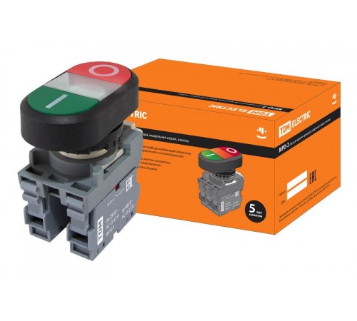 Кнопка двойная MPD2-11С (зеленая/красная) (LED) в сборе d22мм/220В (I/O)  линза прозрачная  SQ0747-0049  TDM