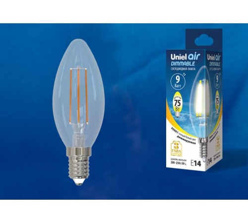 Лампа светодиодная LED-C35-9W/3000K/E14/CL/DIM GLA01TR LED диммируемая. "свеча", прозр серия Air. 3000K  UL-00005185  Uniel