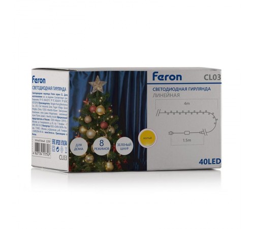 Гирлянда светодиодная линейная 230V 40 LED 4 м, желтый, IP 20, шнур 1,5м, CL03  32295  FERON