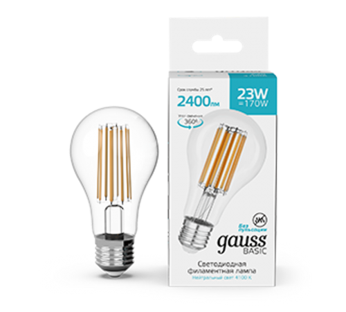 Лампа светодиодная   Basic Filament А70 23W 2400lm 4100К Е27 LED 1/10/40  40712232  Gauss