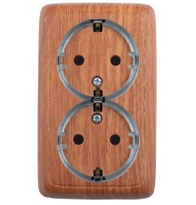 Розетка открытой установки, двухместная, с заземляющим контактом, со шторками, цвет дуб  РА16-182-05  HEGEL