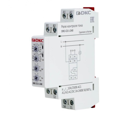 Реле контроля тока, тип DRC, 0.2-2А, конфигурация контакта 1CO, 24-240 AC/DC  DRC-C2-1-240  DKC