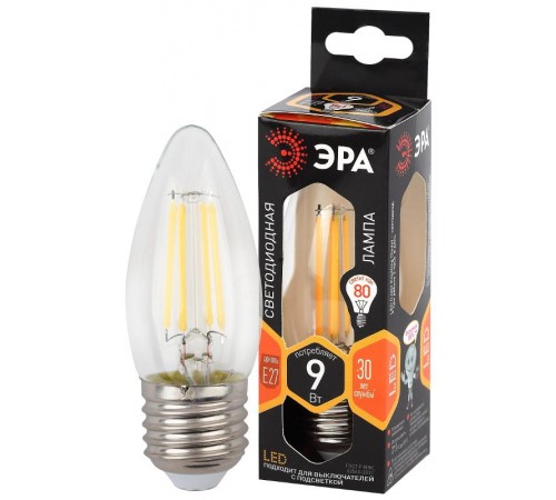 Лампа светодиодная F-LED B35-9w-827-E27 (филамент, свеча, 9Вт, тепл, E27)  Б0046993  ЭРА