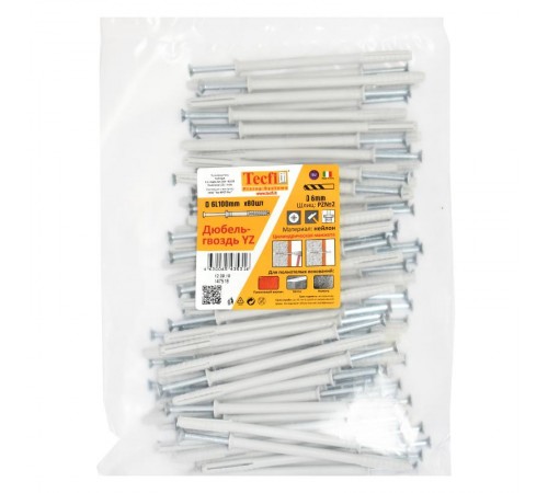 Дюбель-гвоздь YZ цилиндр. манжета нейлон 6x100 (80 шт)- пакет  147518  Tecfi