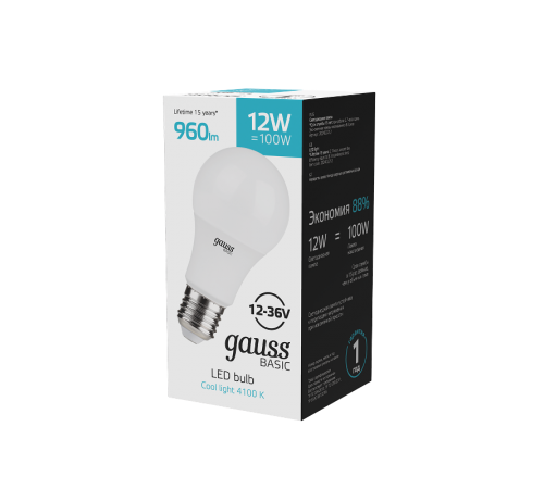 Лампа светодиодная   Basic A60 AC/DC 12-36V 12W 960lm 4100K E27 LED 1/5/50  202402212  Gauss