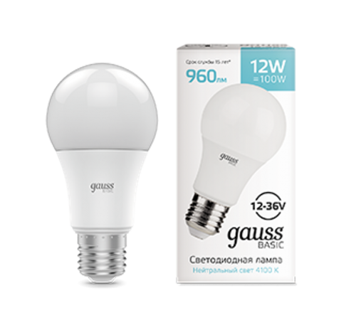 Лампа светодиодная   Basic A60 AC/DC 12-36V 12W 960lm 4100K E27 LED 1/5/50  202402212  Gauss