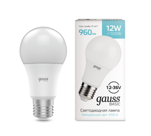 Лампа светодиодная   Basic A60 AC/DC 12-36V 12W 960lm 4100K E27 LED 1/5/50  202402212  Gauss
