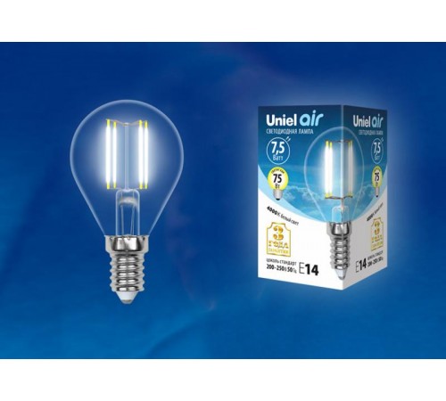 Лампа светодиодная LED-G45-7,5W/NW/E14/CL GLA01TR LED. "шар", прозр серия Air. 4000K  UL-00003254  Uniel