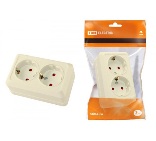 Розетка двойная 2П+З открытой установки с з/ш IP20 16А, слоновая кость "Ладога"   SQ1801-0066  TDM