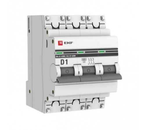 Выключатель автоматический трехполюсный 3P 1А (D) 6кА ВА 47-63M c одним магнитным расцепителем  mcb4763m-6-3-1D-pro  EKF