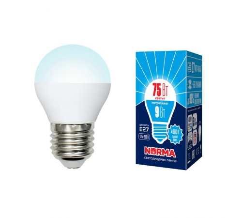 Лампа светодиодная LED-G45-9W/NW/E27/FR/NR LED. "шар", матовая. Серия Norma. 4000K  UL-00003828  Volpe