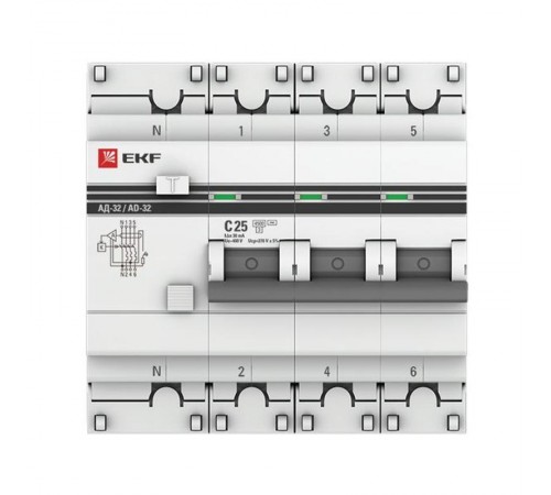 Выключатель автоматический дифференциального тока АД-32 3п+N 25А C 30мА тип AC PROxima (электронный)  DA32-25-30-4P-pro  EKF (замена - D63N46E25C30)