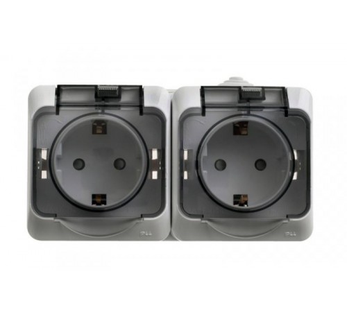 Этюд Серый О/У Розетка 2-я с заземлением со шторками c крышкой IP44  PA16-244C  SE