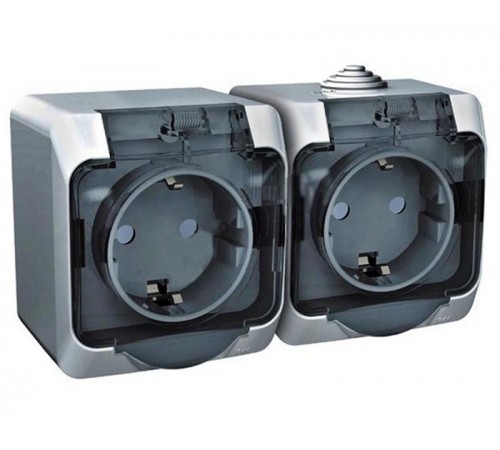 Этюд Серый О/У Розетка 2-я с заземлением со шторками c крышкой IP44  PA16-244C  SE