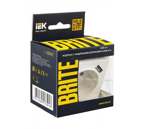 BRITE Розетка с заземлением со шторками 16А с USB A+A 3,1А РЮш10-2-БрБ белый  BR-R14-16-U21-D31-K01  IEK