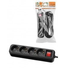 Удлинитель 4 гнезда, 10 метров, с/з, выкл., 10 А, 2300 Вт, черный, НАРОДНЫЙ  SQ1303-1129  TDM