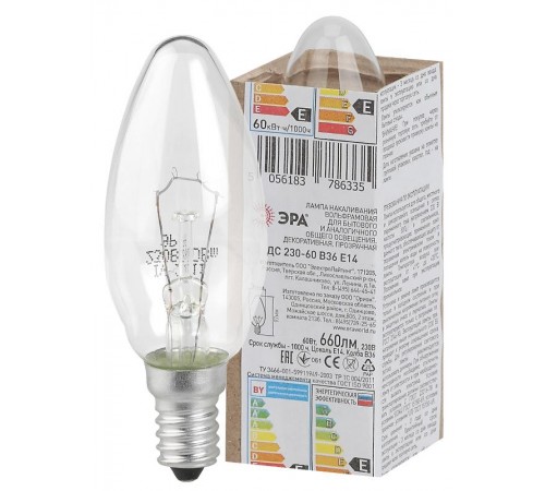 Лампа накаливания ЛОН ДС 60-230-Е14  (B36) свечка 60Вт 230В Е14 в гофре  Б0039126  ЭРА