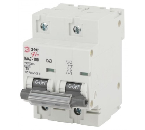 Выключатель автоматический двухполюсный NO-902-276 ВА47-100 2Р 63А 10 кА кривая С (6/60/1500) Pro  Б0048866  ЭРА