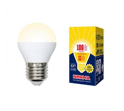 Лампа светодиодная LED-G45-11W/WW/E27/FR/NR LED. "шар", матовая. Серия Norma. 3000K  UL-00003835  Volpe