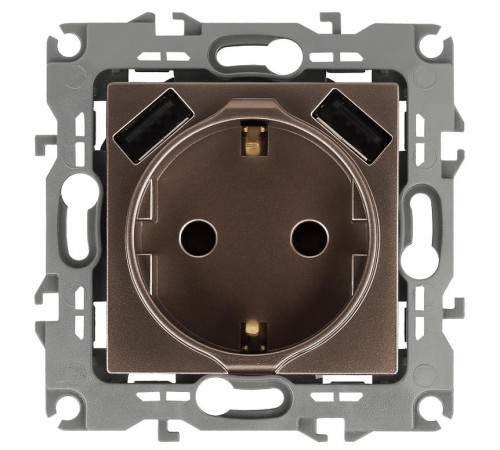 12-4109-13 Розетка с заземлением 16A-250В, штор. с 2xUSB 5В-3А, 12, бронза   Б0047847  ЭРА