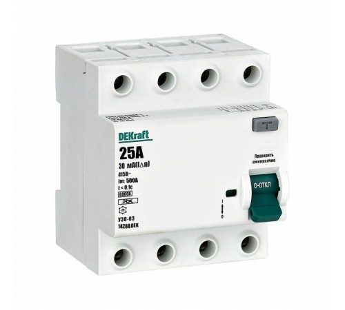 Выключатель дифференциальный (УЗО) УЗО-03 4п 25А 30мА тип A 6кА  14288DEK  DEKraft