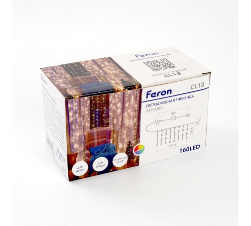 Гирлянда - занавес 230V 160 LED 1,5*1,5м, мультиколор плавная смена цветов, IP44 , сетевой шнур 3м в комплекте, CL18  48172  FERON