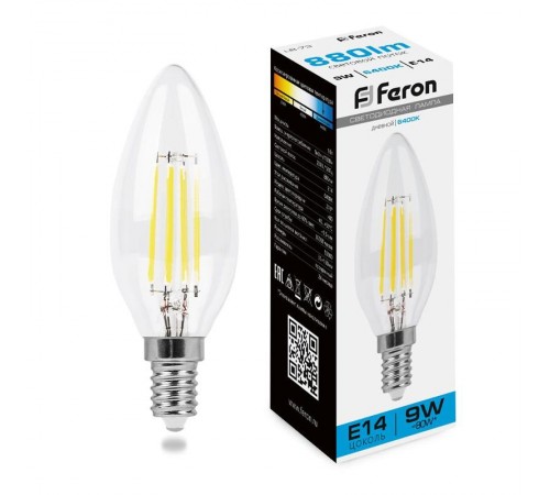Лампа светодиодная, (9W) 230V E14 6400K прозрачная, LB-73  38229  FERON