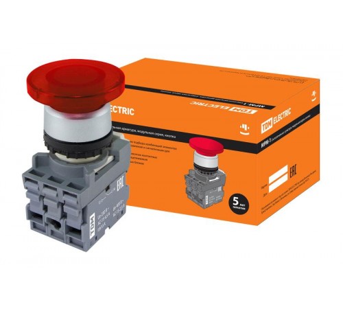Кнопка грибовидная МРМ1-11R(LED) в сборе d40мм/24B 1з+1р красная  SQ0747-0034  TDM