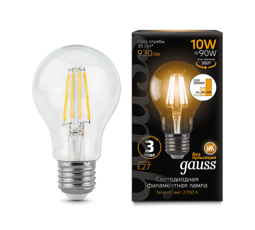 Лампа светодиодная Black LED Filament A60 E27 10W 930lm 2700К step dimmable  102802110-S  Gauss