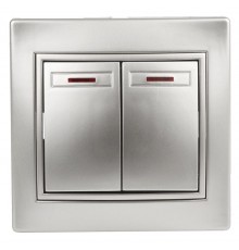 1-105-03 Intro Выключатель двойной с подсветкой, 10А-250В, IP20, СУ, Plano, алюминий  Б0030046  Intro