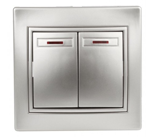 1-105-03 Intro Выключатель двойной с подсветкой, 10А-250В, IP20, СУ, Plano, алюминий  Б0030046  Intro