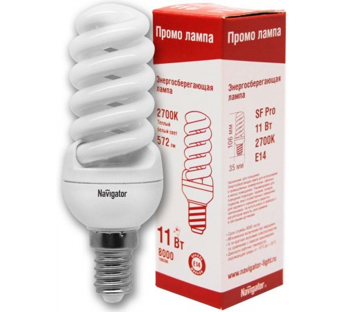 Лампа энергосберегающая КЛЛ 11Вт Е14 827 спираль NCLP-SF-11-827  94098  Navigator