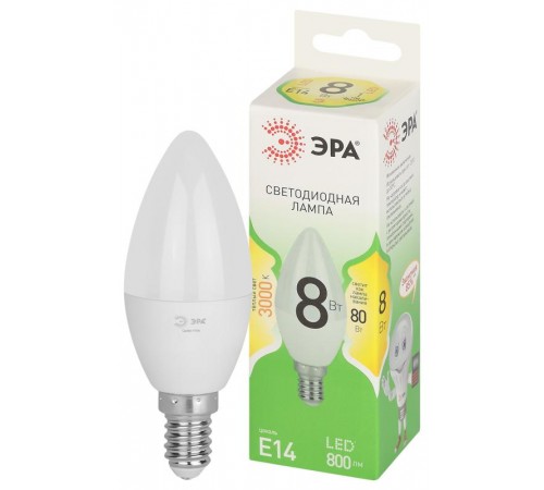 Лампа светодиодная  GREEN LINE LED B35-8W-830-E14 GL E14 8 Вт свеча теплый свет  Б0067133  ЭРА