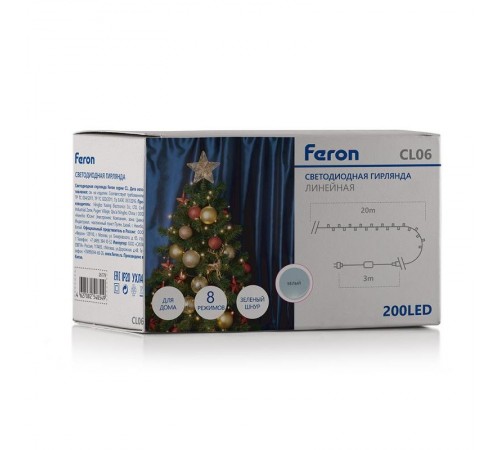 Гирлянда-нить CL06  200 диодов  5000K, 20м + 1.5м зеленый шнур, IP20  26733  FERON