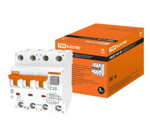 Выключатель автоматический дифференциального тока АВДТ 63 3п+N 25А C 100мА тип A  SQ0202-0022  TDM