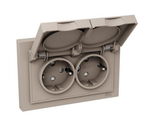 Механизм розетки двойной, 16А, IP44, с заземлением, со шторками, с рамкой, с крышками, кремовый Эпика  UP1-SOI-211-44 EKF