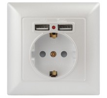 Розетка Intro Solo 4-410-06 с заземлением P+E Schuko со шторками, 16А-250В + 2хUSB, IP20, СУ, перламутр  Б0053718  Intro